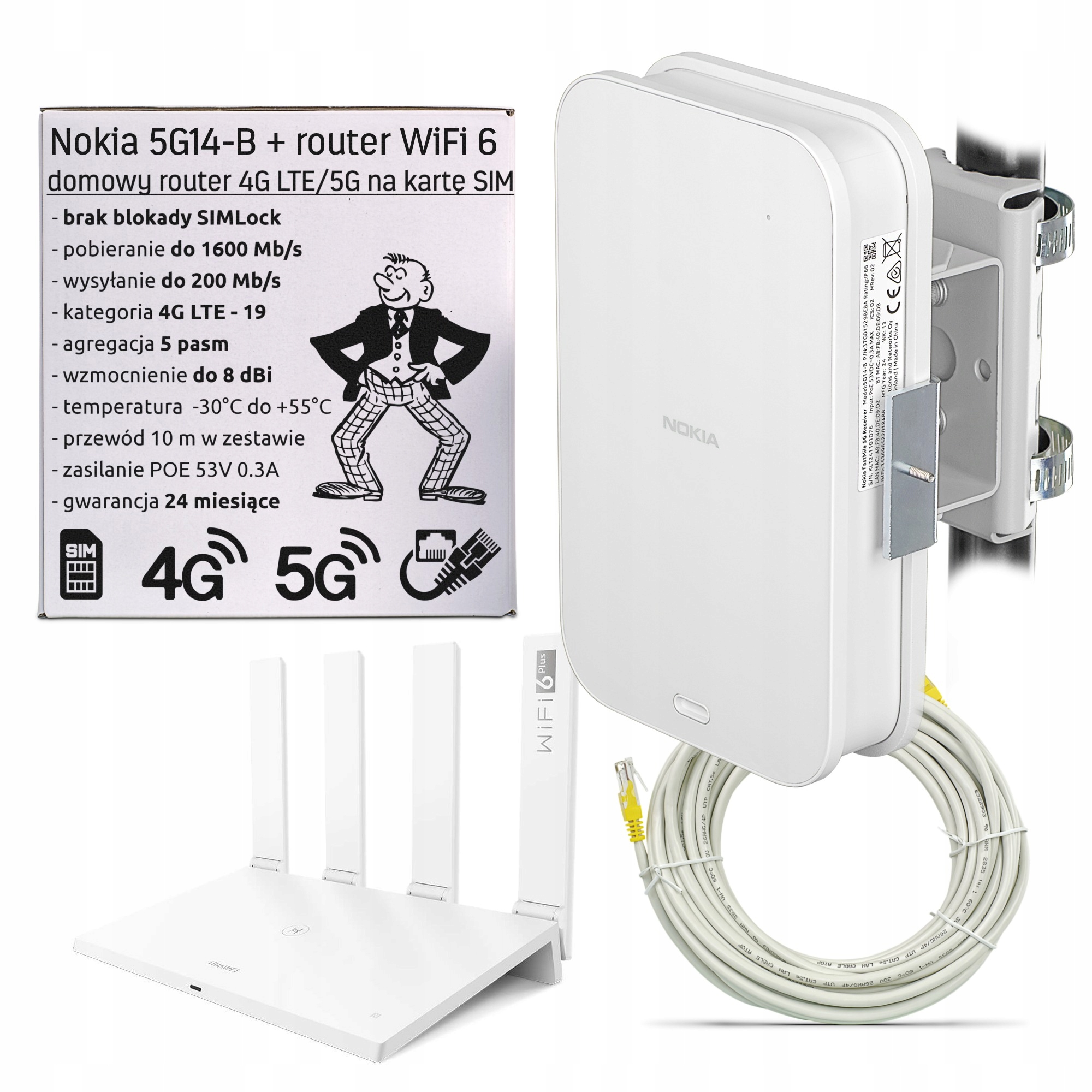 Nokia 5G14-B ODU + uchwyt na maszt + Huawei AX3 Quad Core IDU + LAN 2 ...